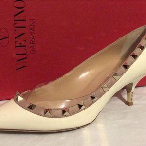 Valentino Rockstud Studded Ivory Patent Kitten Metal Heel Pumps Shoes